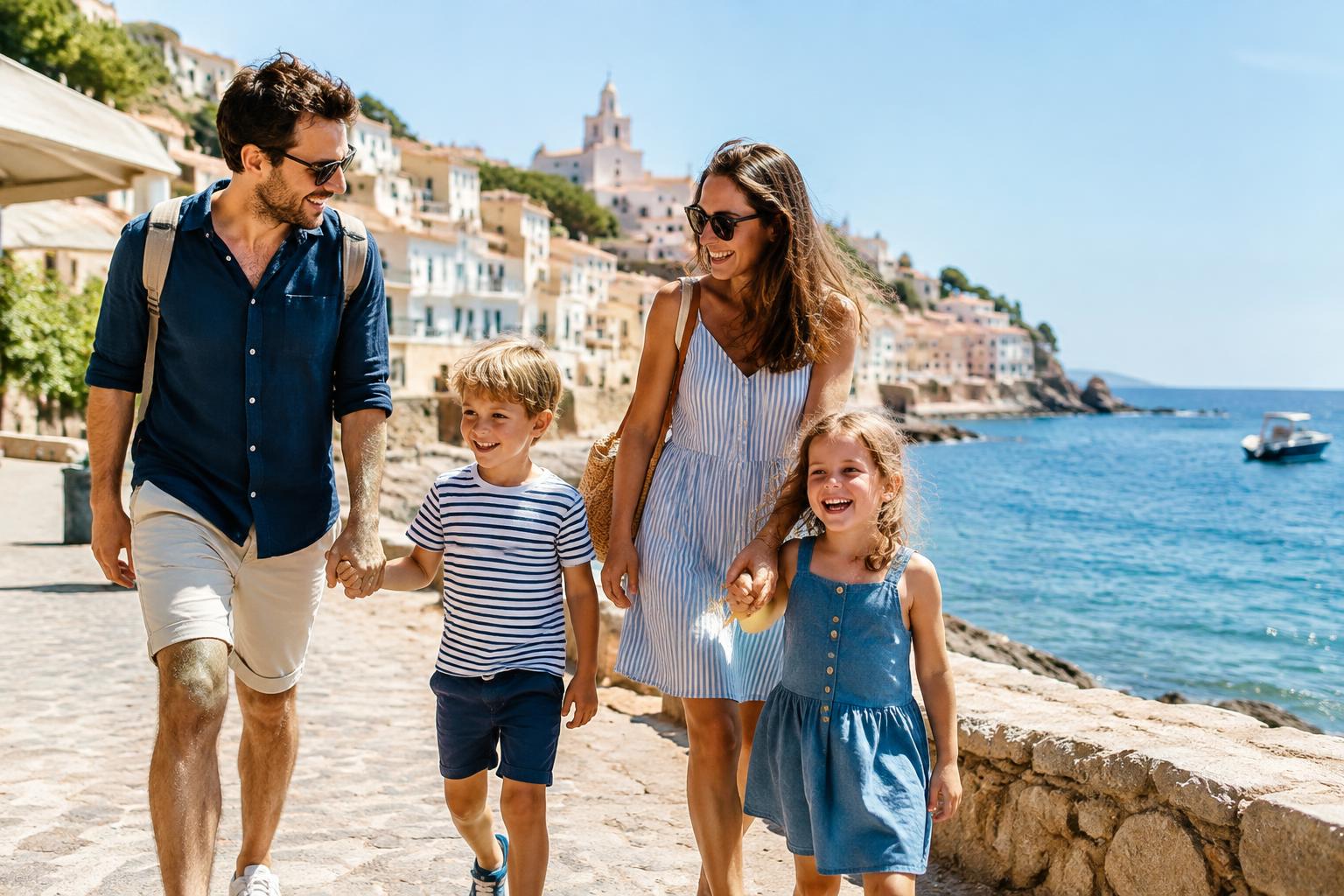 A family with two young children walking along a seaside promenade