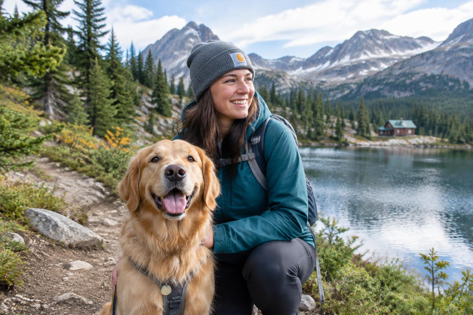 A woman and her golden retriever beside a mountain lake
